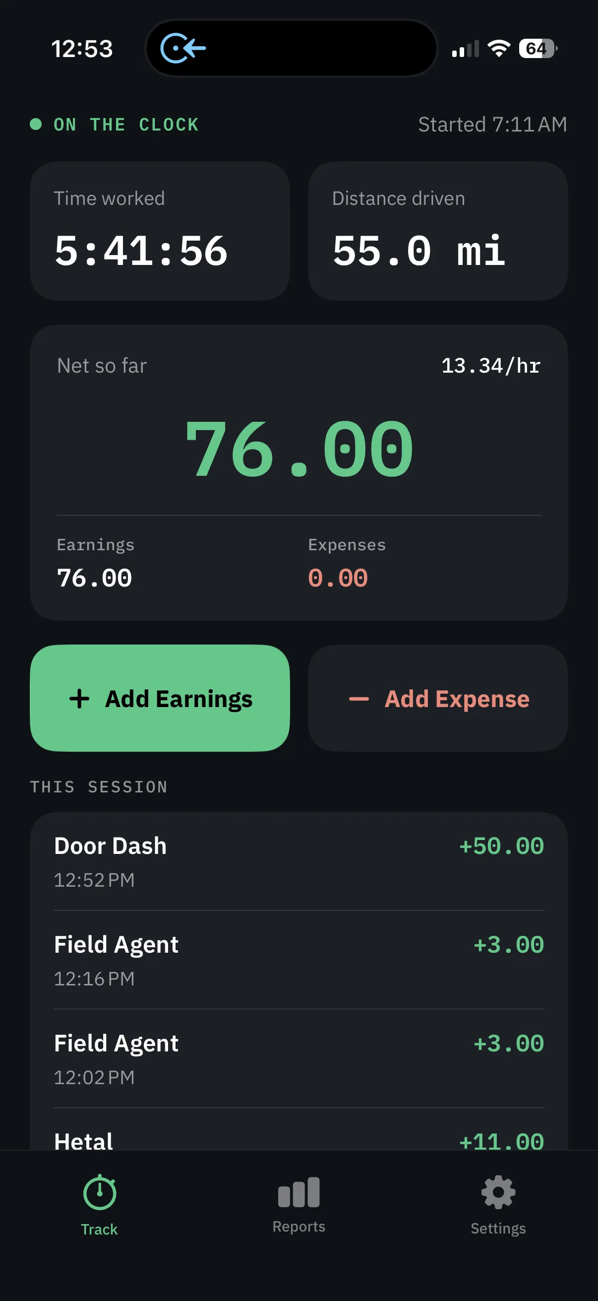 GigMeter session summary with net earnings shown first
